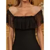 Sommer Frauen sexy Verbandskleid Schwarz One Schulter Perspektive Mesh Kurzarm Mini Kleider Club Abend Party Vestidos 210625