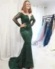 Dark Green Mermaid Koronki Suknie Wieczorowe Długie 2021 Off Ramię Długie Rękawy Aplikacje Formalne Party Party Suknie Vestido de Noite Plus Size