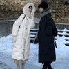 Winter Snowflake Broderad Horn Button Down Jacket Kvinnor Lång över Knä Fur Collar Hood Chic Coat Kvinna 210520