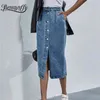 Benuynffy Único Joelho Breasted Comprimento Denim Saia Mulheres Streetwear Casual Bolso Alto Cintura Reta Calças de Jeans Saia 210721