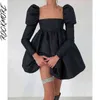 Rockmore Elegant Party Dress For Women Sexy Backless Mini Dress Long Sleeve Pleated Ball Gown Puffy Dresses y2k Streetwear Black G1214