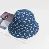 달 인쇄 Jean Bucket 모자 여성용 데님 블루 밥 모자 태양 보호 짧은 브림 어부 모자 디자이너 Cloche 모자 Streetwear Y220301