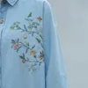 Kanske du Jean Denim Blue Floral Broderi Slå ner Collar Knappskjorta Långärmad Casual Kvinnor B0164 210529