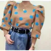 autumn winter Korean Puff Sleeve Pullover Knitwear WomenO-Neck Polka Dot Top Knitted Sweater 210531