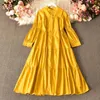 Spring Vintage Basic Women Dress Fashion Stand Collar Solid Color Single-breasted Long Dress Loose Long Sleeve Vestidos 210521