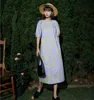 Coton violet droite longue robe mi-longue été manches bouffantes Designer femmes court esthétique coréen 210427