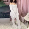 Sexy 2 Piece Set Club Outfits for Women Solid Fashion Long Sleeve Slash Neck Flare Pants Sets Plus Size Skinny Tracksuit 210513