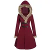女性のウールブレンドフード付きジャケット2022冬の毛皮のカフロングスリーブ合金レザーボタンスリムな両面ウールのミッドレングス