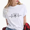 Damen T-Shirt Weinglas Druck EKG Top Damen Casual 2020 Sommer X0527