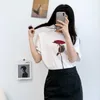 Rose Flower Shoulder Pad Short-Sleeved Women's T-shirt 2022 Tryckt bomull rund hals rak avslappnad all-match topp