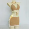 3 pièces Bikini ensemble femme maillot de bain Crochet coquille gland haut et coquillage cheville chaîne Sexy plage dentelle voir à travers mince Mini jupe
