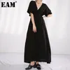 [Eam] Kvinnor Svart Drastring Lång Stor Storlek Klänning V-Neck Half Sleeve Loose Fit Fashion Spring Summer Ma80701 210512