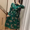 여성 여름 빈티지 셔츠 드레스 긴 소매 동물 인쇄 새시 나비 넥타이 여성 우아한 거리 드레스 Vestidos BB2956 210513