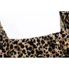 Mode Girl's Summer Slim Vintage Square Collar Side Spleet Leopard Print Vakantie Midi Jurk voor Vrouw 210508