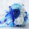 Blauw Satijn Bruiloft Hand Bloemen Andere Accessoires Rose Bruids Boeket Decoratie Kunstmatige Bruidsmeisje Holding Broche Bloem