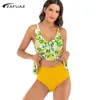 Zafuaz Yüksek Bel Mayo Seksi Bikini Kadın Mayo Limon Katı Bikini Set Fırfır Mayo Tankini Swim Suit Biquini 210604