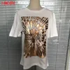 Tangada Women Golden LettersプリントコットンTシャツ半袖OネックティーレディースカジュアルティーシャツストリートウェアトップTA1 210609