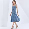 Kreuz Denim Sling Kleid Für Frauen Quadrat Kragen Ärmellose Hohe Taille Midi Kleider Weibliche Mode Kleidung 210520