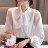 Women Blouses Blusas Mujer De Moda Blouse Women Bow V-neck Chiffon Blouse Shirt Long Sleeve White Blouse Shirts Tops D418 210426