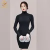 韓国シックスタイルスリムタートルネックブラックセータードレスセクシーバックレースパッチワーク長袖Vestido da Festa 210520