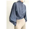 Qooth Vintage Lantern Sleeve Automne Hiver épaissie Femmes chemise Chemise Blouse à poitrine unique Chemises lâches Tops Qt022 210518