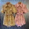 Plaid Tassel Kombinezon dla Kobiet Lapel Krótki Rękaw Wysoki Talia z Sashes Luźne Playits Style Moda Damska 210527