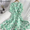 Kimutomo Elegant tryckklänning Kvinnor Sommar V-Neck Kort Puff Sleeve Koreansk Slim Waist Lace Up Casual Fashion Vestido Feminino 210521