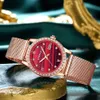 Mulheres Crrju Moda Casual Vermelho Diamante Relógios Senhoras Beleza Elegante Cristal Impermeável Quartzo Malha Relógios Zegarek Damski 210517