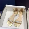 Summer Gold Sliver Square Open-Toed Pearl Strap Ankle Buckles Sandals Low Heels Slingback Women Shoes