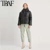 TRAF Mujeres Vintage Cálido Invierno Chaqueta de cuero de imitación Abrigo acolchado Moda Manga larga Bolsillos con cremallera Cordón PU Outerwear Chic Tops 210916