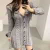 Twisted Knitted Sweater Mini Dress Women V-Neck Single Breasted Party Dress Autumn Winter Long Sleeve Korean Casual Dresses Robe G1214