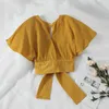 Woherb Yaz Kısa Kollu Bluz Kadın Kırpma Zarif Geri Yay Bandaj Gömlek Bayanlar Backless Kawaii Blusas 20904 210715