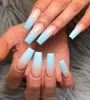 Tryck på glänsande gradient blå ombre naglar lång fyrkantig kista falska nagelkonst Akryl Ballerina falska nageltips för kvinnor och flickor