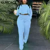 Women Two Piece Casual Suits Long Sleeve Dip Hem Crop Top Shirt & Loose Pants Set 211119