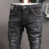 Italian Fashion Men Jeans Retro Black Gray Elastic Slim Fit Ripped Denim Trousers High Quality Streetwear Vintage Designer Pants