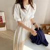 Geplooide lange jurken bladerdeeg mouw lente zomer vestidos de mujer Koreaanse vintage chic a-line vrouw jurk 210415