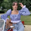 Ruffle Vintage Plaid Blouse Shirt Women French Style Print Boho Spring Autumn Crop Tops Puff Sleeve Casual Blue 210427