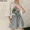 Korejpaa Dames Set Zomer Korea Chic Leeftijd Reduction Ronde Hals Cartoon Print Losse T-shirt Knoppen Casual Pant 210526