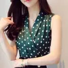 Blouse Women Summer Sleeveless Shirt Tops V-neck Office Dot Chiffon Clothes Shirts D130 210426