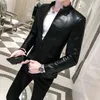 Solid Black Slim Fit Blazer Hombre PU Leather Jacket Men One Button Business Casual Prom Blazers For Korean Suit Coat 210904