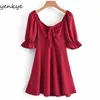 夏の女性赤いドレス女性半袖巾着VネックAラインミニヴェスティドカジュアル210514