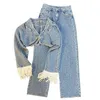 Frauen Zweiteilige Hosen Frauen Set V-ausschnitt Quaste Langarm Einfarbig Kurzen Mantel Und Hohe Taille Breite Bein Denim anzug Streetwear