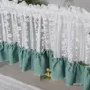 アメリカのカントリースタイルの孔雀の緑の綿のリネンスプライスかぎ針編みのレースエッジカフェカーテン多機能装飾的な短いカーテン