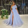 Sky – robe de soirée formelle en Organza bleu, asymétrique épaule dénudée, Sexy, fendue sur le côté, en Tulle, longue, ligne a, robes de bal, 2021