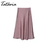 Tataria High Waist Skirt Women Satin A Line Trumpet Mermaid s Summer Elegant Solid Color Midi Jupe Femme 210514