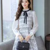 Winter Women Tweed Stitching Plaid A Line Long Sleeve Ribbon Bow Tie Stand Collar Fake Two Piece Wool Dress 210416