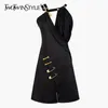 Seksowny Patchwork Metalowa Sukienka Pin Dla Kobiet Asymetryczna Kołnierz Bez Rękawów Wysoka Talia Czarne Suknie Kobiet Lato 210520