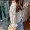 Spring Chic Style Flare Sleeve Sweet Lace White Shirts Drawstring Design V-neck Short Shirt Women Blouses High Quality S111 210512