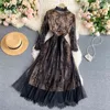 Sexy Lace Patchwork Hook Flower Temperament Dress Women High Waist Hip A Line Slim Vestidos Stand Collar Long Sleeve Robe Spring 210423