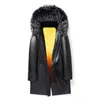 Giacca in pelle shearling lunga uomo inverno uomini vestiti ventili outwear maschio con cappuccio fodera per pelliccia calda vera coniglio più top nere di dimensioni